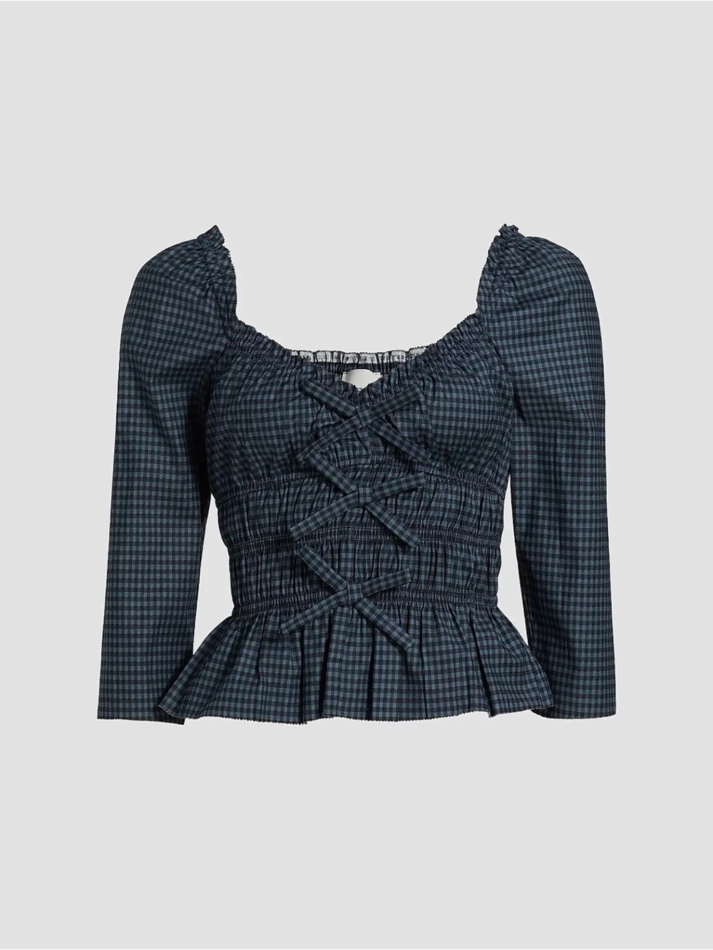 Reformation Navy Plaid Lace-Up Peplum Long-Sleeve Top